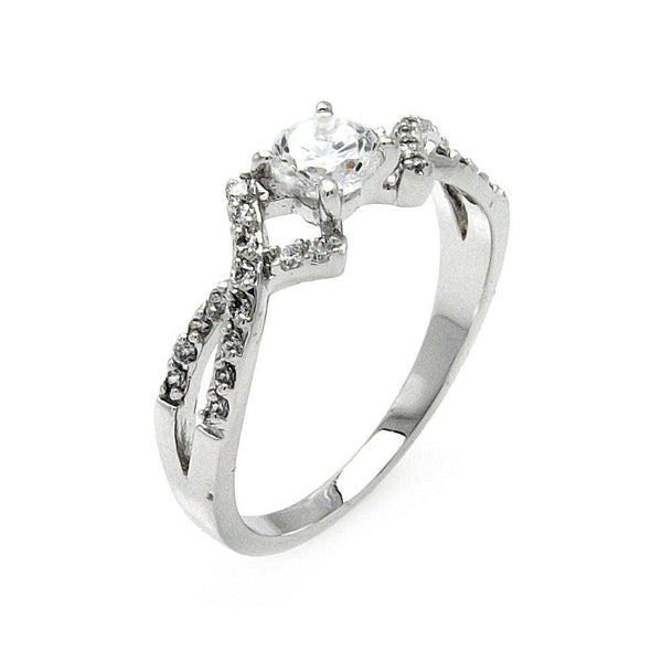 Silver 925 Rhodium Plated Clear Round Center CZ Overlap Ring - BGR00473 | Silver Palace Inc.