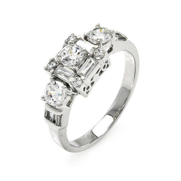 Silver 925 Rhodium Plated Clear Round and Baguette CZ Bridal Ring - BGR00476 | Silver Palace Inc.