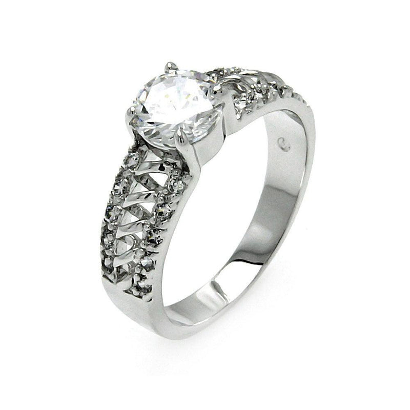 Silver 925 Rhodium Plated Clear Round Center CZ Spiral Bridal Ring - BGR00526 | Silver Palace Inc.
