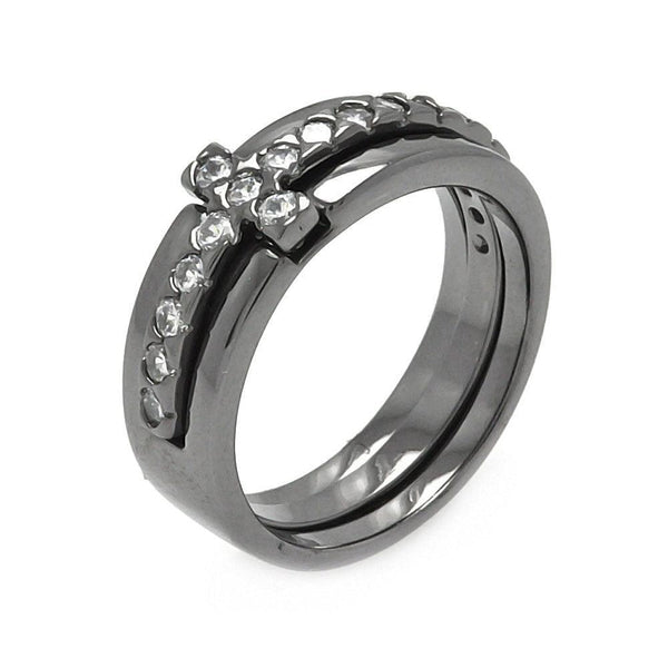 Silver 925 Black Rhodium Plated Clear CZ Cross Ring - BGR00527 | Silver Palace Inc.