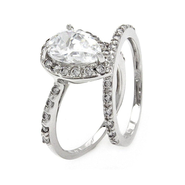 Silver 925 Rhodium Plated Clear Pear Shaped CZ Bridal Ring Set - BGR00530 | Silver Palace Inc.