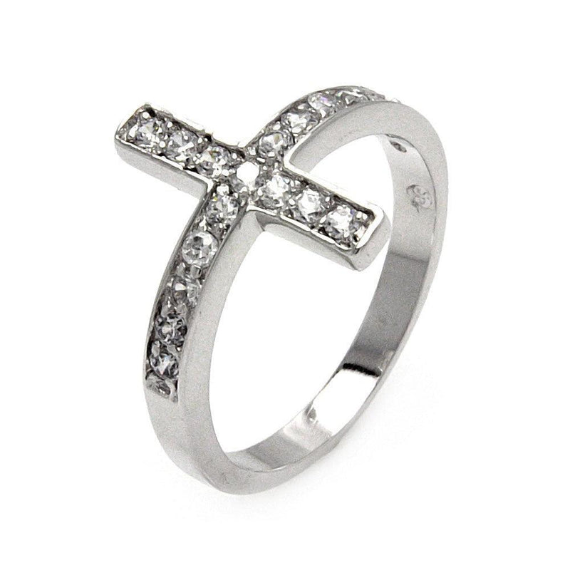 Silver 925 Rhodium Plated Clear Pave Set CZ Cross Ring - BGR00536 | Silver Palace Inc.