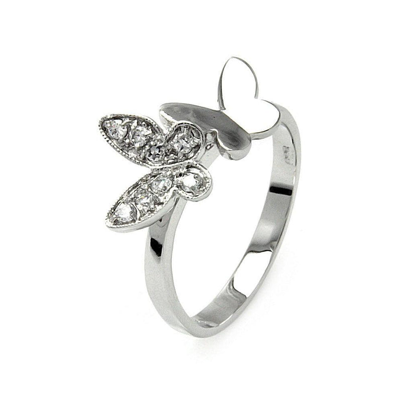Silver 925 Rhodium Plated Clear Pave Set CZ Double Butterfly Ring - BGR00538 | Silver Palace Inc.