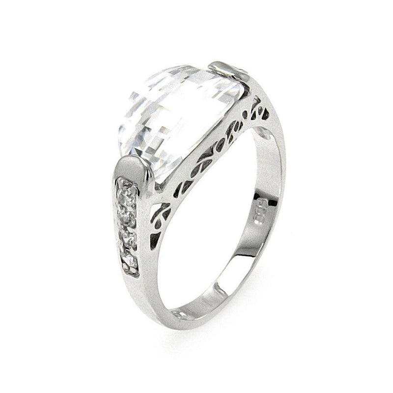 Silver 925 Rhodium Plated Oval Clear Center and Round CZ Ring - BGR00542 | Silver Palace Inc.