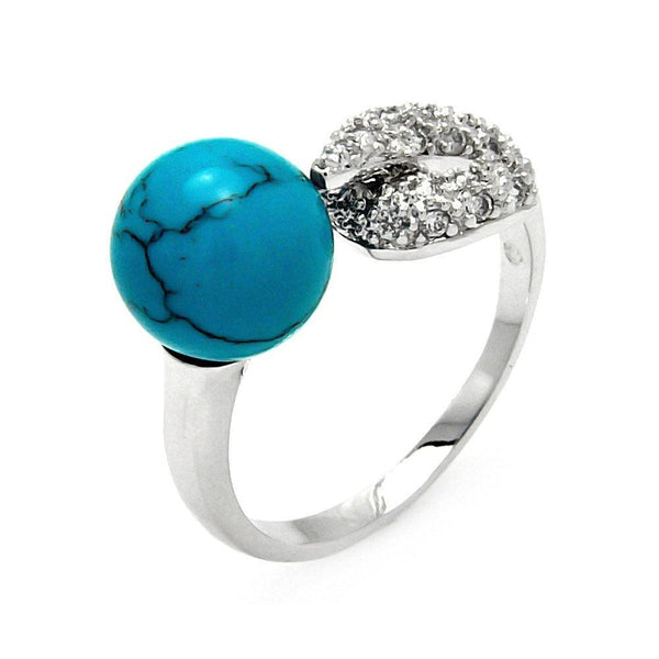 Silver 925 Rhodium Plated Round Turquoise Clear Pave Set CZ Hook Ring - BGR00555 | Silver Palace Inc.