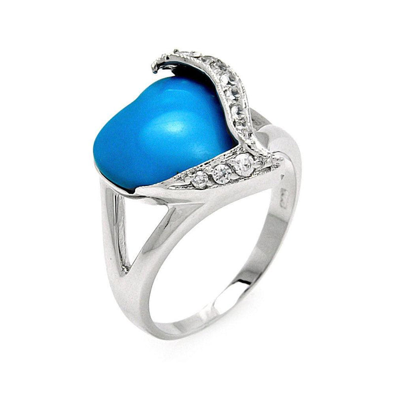 Closeout-Silver 925 Rhodium Plated Turquoise Center Clear CZ Heart Ring - BGR00562 | Silver Palace Inc.