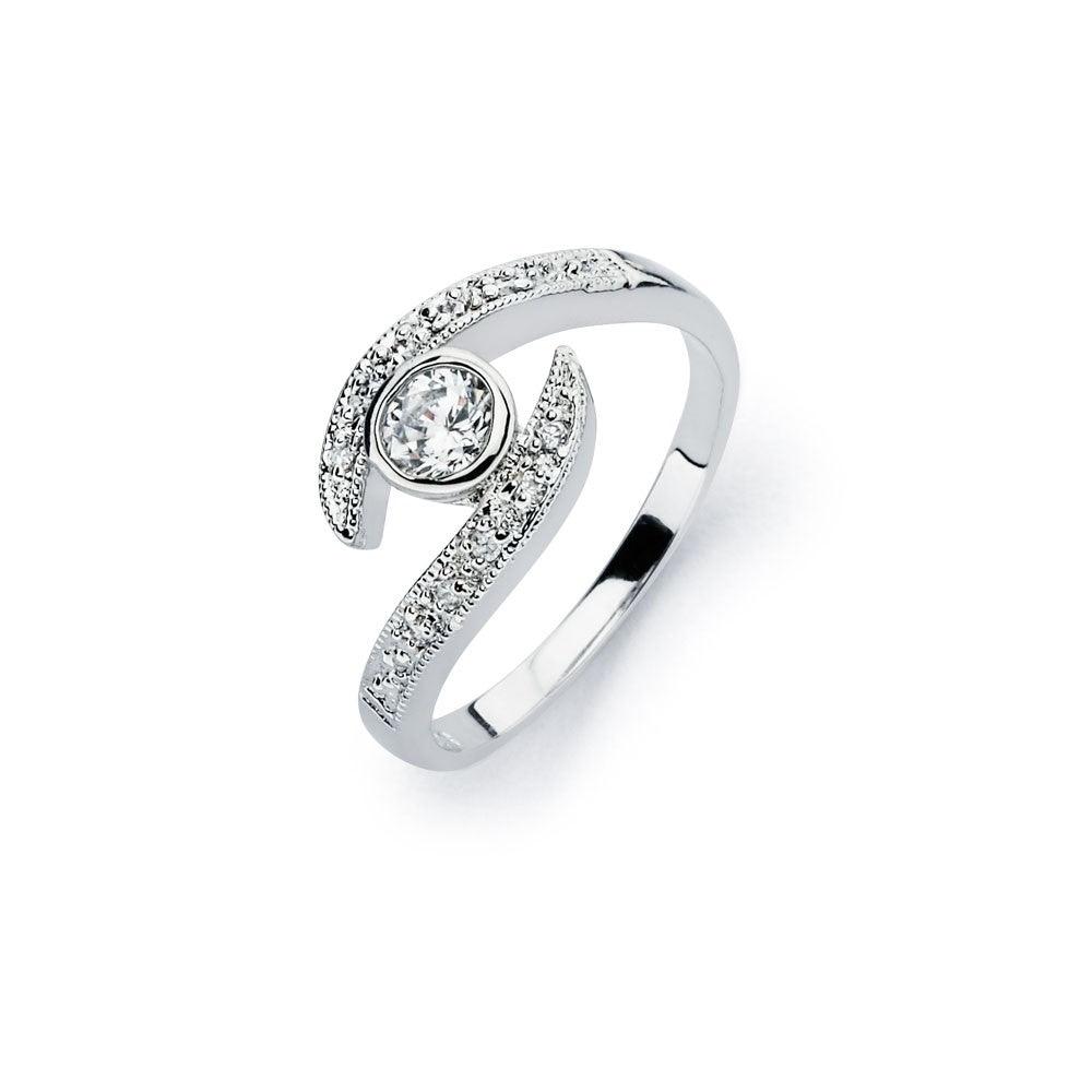 Silver 925 Rhodium Plated Clear Round Cut Center CZ Bridal Ring - BGR00564 | Silver Palace Inc.
