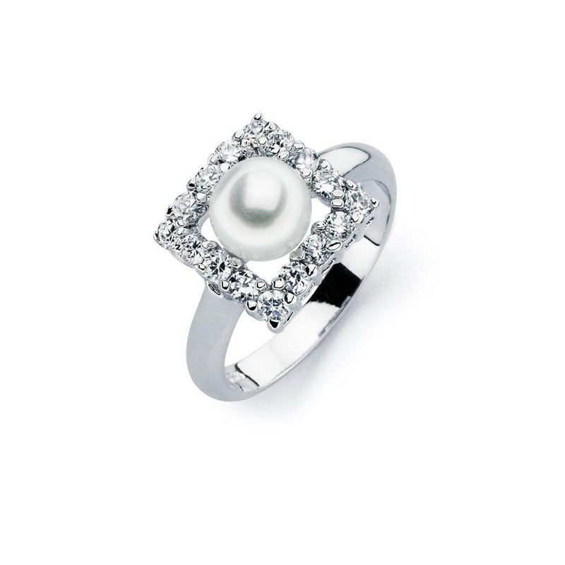 Silver 925 Rhodium Plated Fresh Water Pearl Center Clear Square CZ Ring - BGR00584 | Silver Palace Inc.