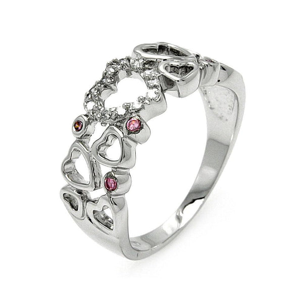 Silver 925 Rhodium Plated Clear and Pink CZ Multi Heart Ring - BGR00587 | Silver Palace Inc.