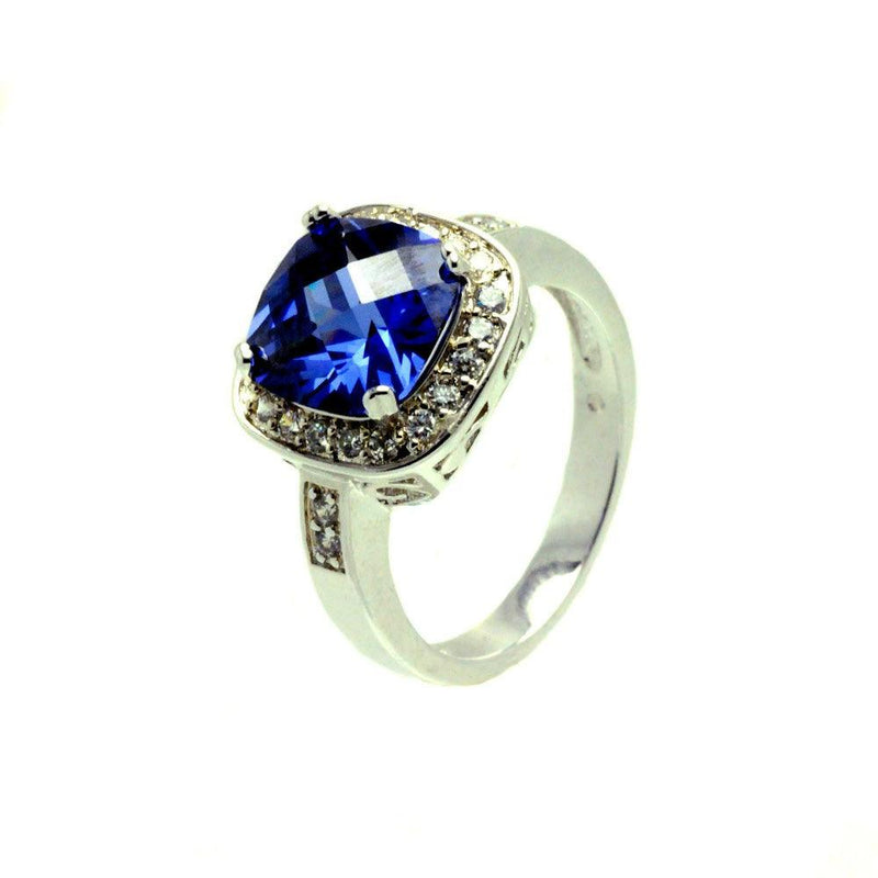 Silver 925 Rhodium Plated Blue Center Square and Clear Cluster CZ Ring - BGR00625 | Silver Palace Inc.
