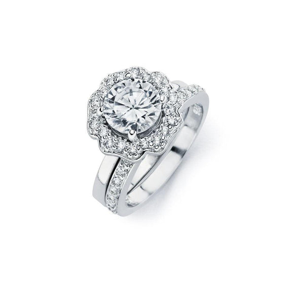 Silver 925 Rhodium Plated Clear CZ Flower Engagement Ring Set - BGR00715 | Silver Palace Inc.