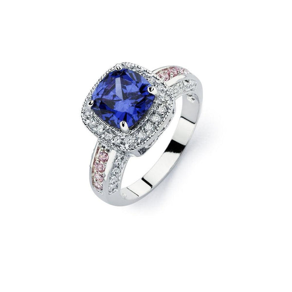 Silver 925 Rhodium Plated Blue Square Center and Clear Cluster CZ Bridal Ring - BGR00746 | Silver Palace Inc.