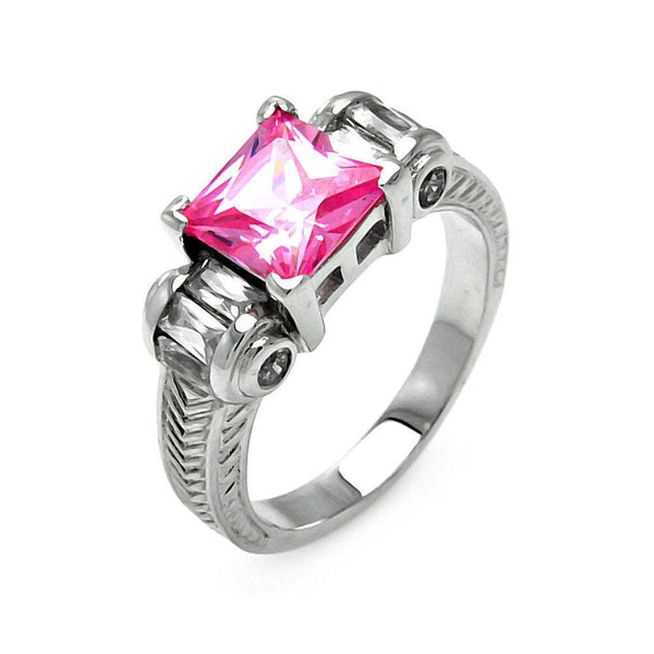 Closeout-Silver 925 Rhodium Plated Pink Princess Cut CZ Ring - STR00006PNK | Silver Palace Inc.