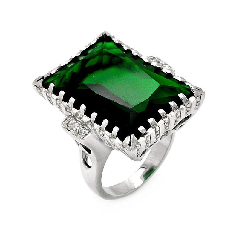 Closeout-Silver 925 Rhodium Plated Large Green Rectangular CZ Ring - STR00031GRN | Silver Palace Inc.