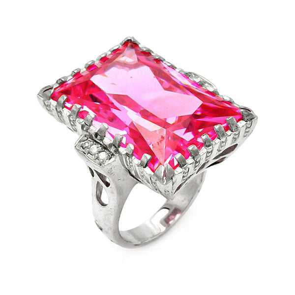 Closeout-Silver 925 Rhodium Plated Large Pink Rectangular CZ Ring - STR00031PNK | Silver Palace Inc.