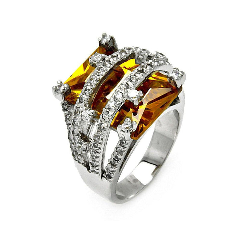 Closeout-Silver 925 Rhodium Plated Large Champagne CZ Ring - STR00032CHP | Silver Palace Inc.