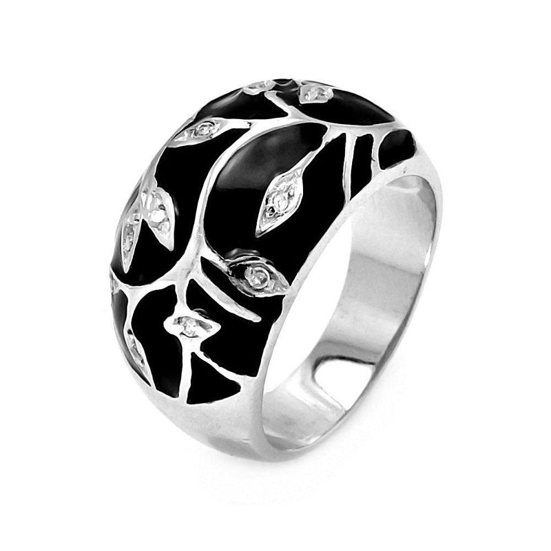 Closeout-Silver 925 Rhodium Plated Black Enamel CZ Leaf Ring - STR00040 | Silver Palace Inc.