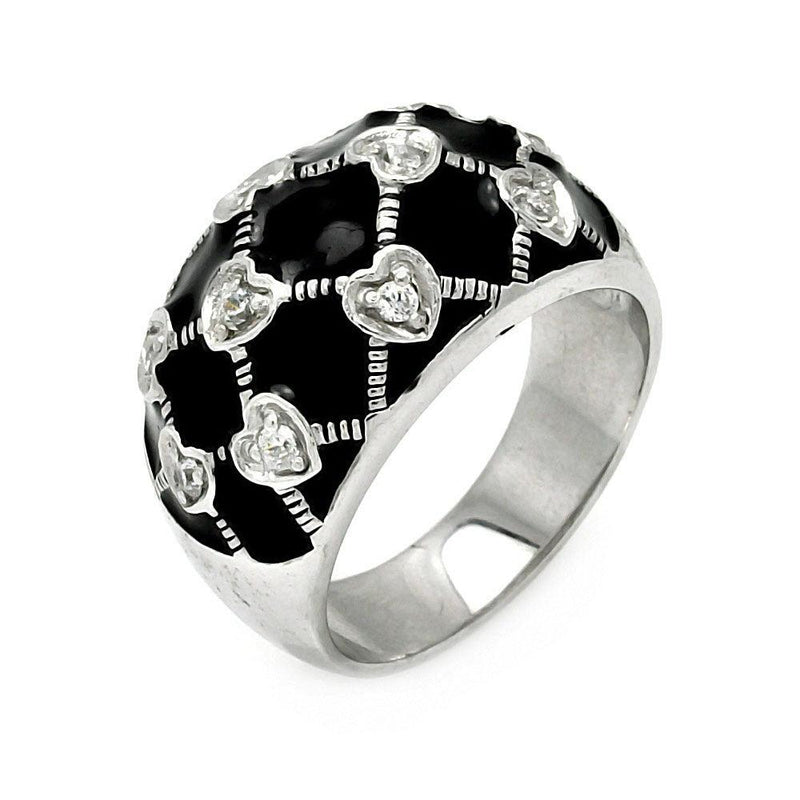 Closeout-Silver 925 Rhodium Plated Black Enamel Criss Crossing CZ Heart Ring - STR00041 | Silver Palace Inc.