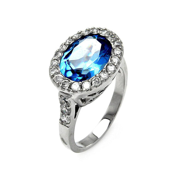 Closeout-Silver 925 Rhodium Plated Blue Oval Clear Cluster CZ Ring - STR00079 | Silver Palace Inc.