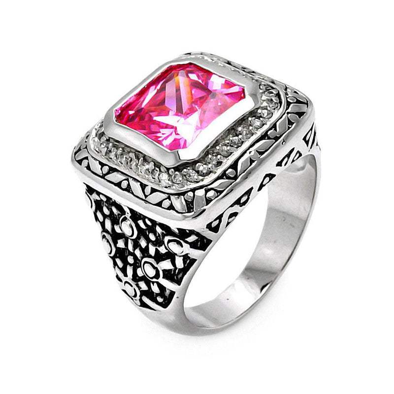 Closeout-Silver 925 Oxidized Rhodium Plated Pink Square CZ Ring - STR00102PNK | Silver Palace Inc.