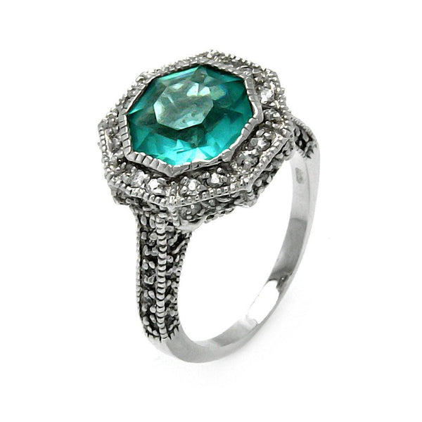 Closeout-Silver 925 Oxidized Rhodium Plated Teal Octagon CZ Ring - STR00120BLU | Silver Palace Inc.