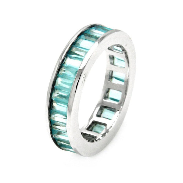 Silver 925 Rhodium Plated Channel Set Aqua Blue Baguette CZ Stackable Eternity Ring - STR00124BLU | Silver Palace Inc.