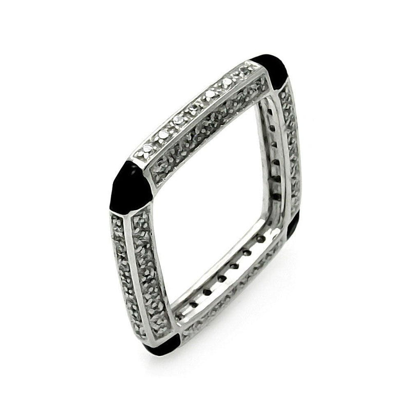 Closeout-Silver 925 Rhodium Plated Black Enamel CZ Square Ring - STR00131 | Silver Palace Inc.