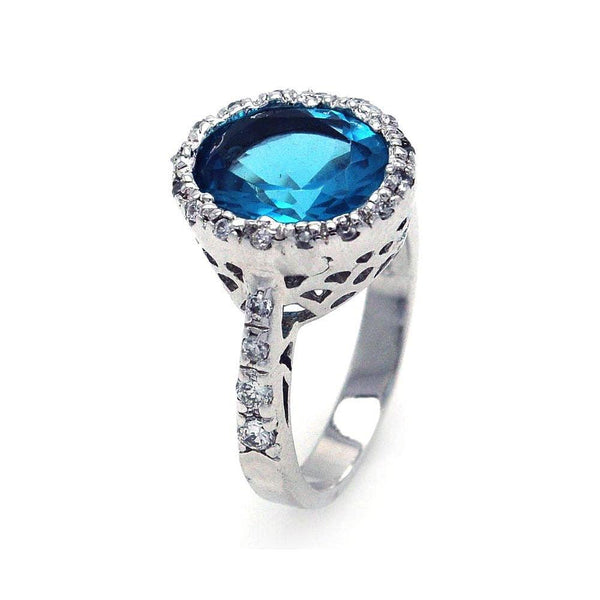 Closeout-Silver 925 Rhodium Plated Clear and Blue Center CZ Ring - STR00132BLU | Silver Palace Inc.