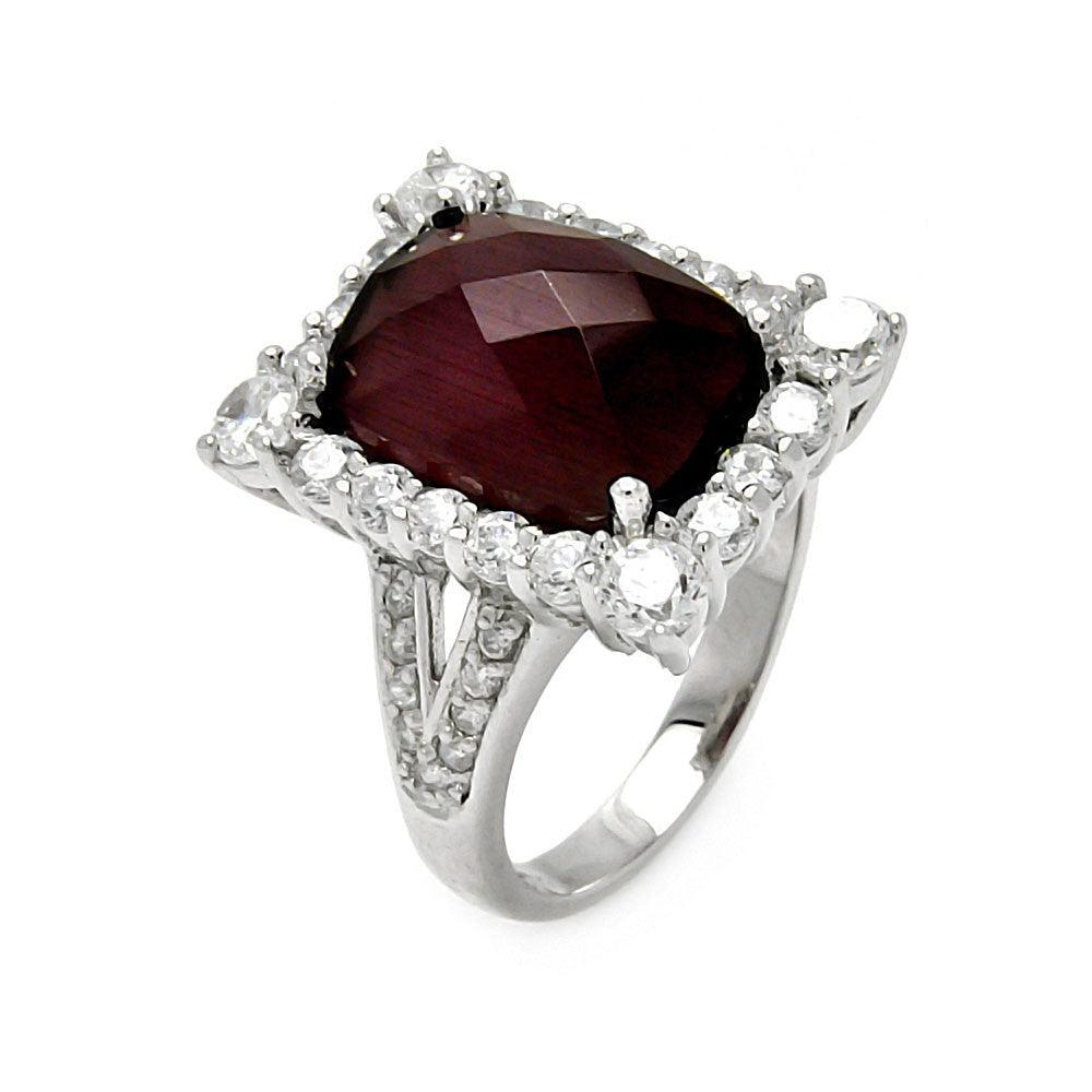 Silver 925 Rhodium Plated Dark Red Round Square Clear Cluster CZ Ring ...