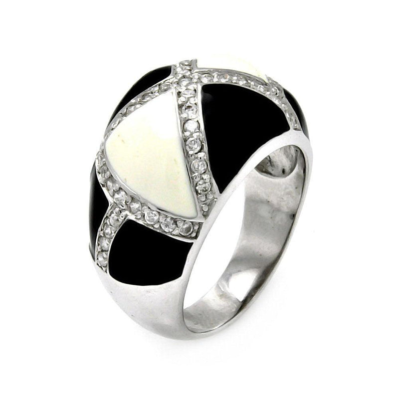 Closeout-Silver 925 Rhodium Plated Black and White Enamel CZ Ring - STR00278 | Silver Palace Inc.