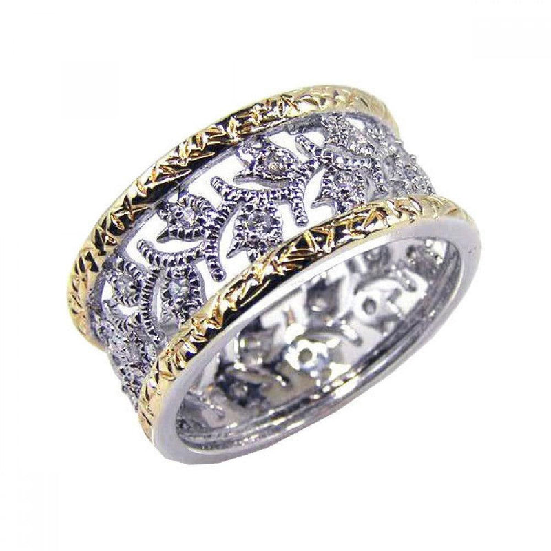 Silver 925 Rhodium and Gold Plated Border CZ Tulip Flower Ring - STR00329 | Silver Palace Inc.