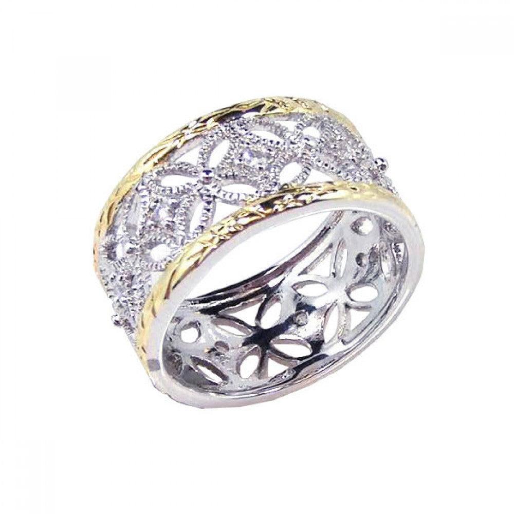Silver 925 Rhodium and Gold Plated Border CZ Flower Ring - STR00330 | Silver Palace Inc.