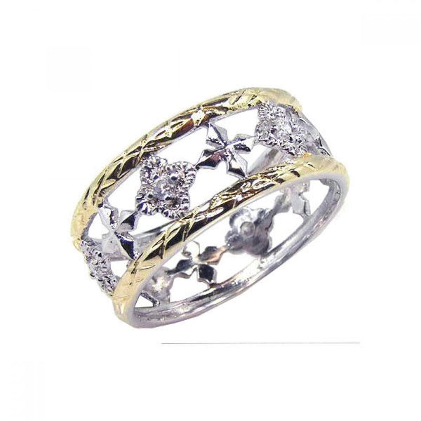 Closeout-Silver 925 Rhodium and Gold Plated Border CZ Flower Cross Ring - STR00331 | Silver Palace Inc.