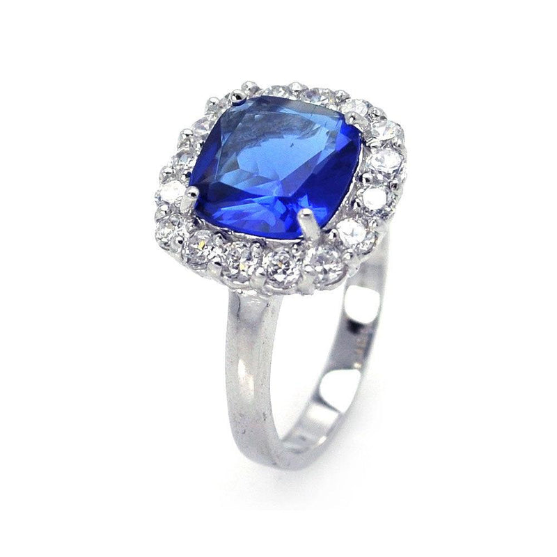 Silver 925 Rhodium Plated Blue Center Clear Cluster CZ Ring - STR00381BLU | Silver Palace Inc.