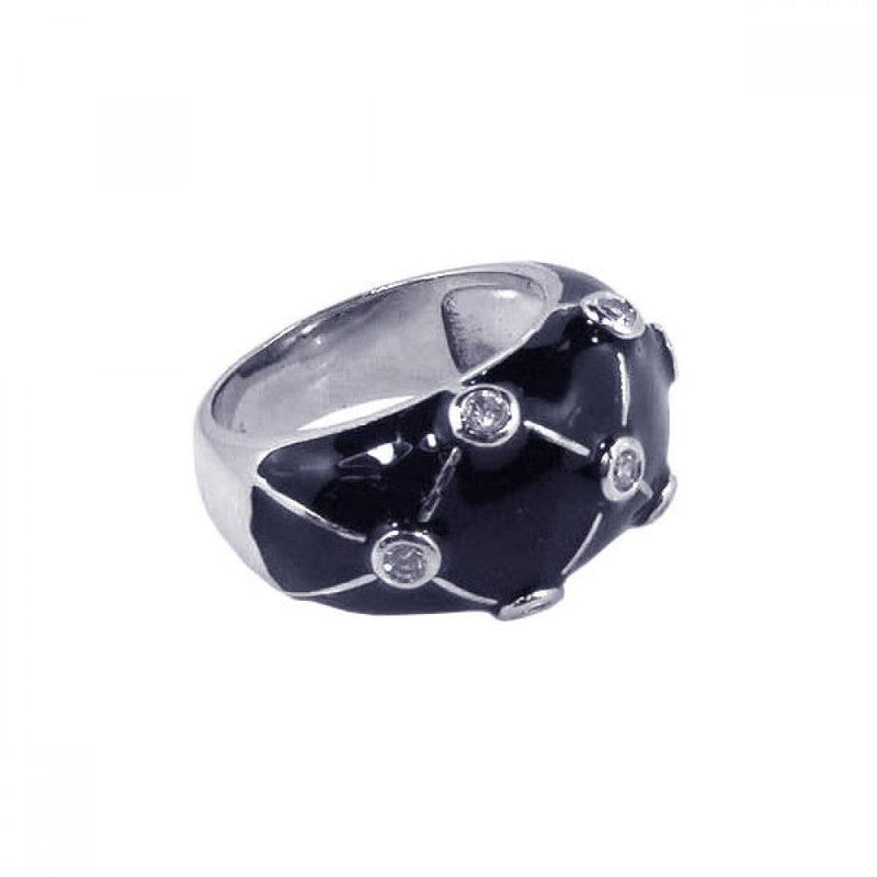 Closeout-Silver 925 Rhodium Plated Black Enamel CZ Dotted Dome Ring - STR00424 | Silver Palace Inc.