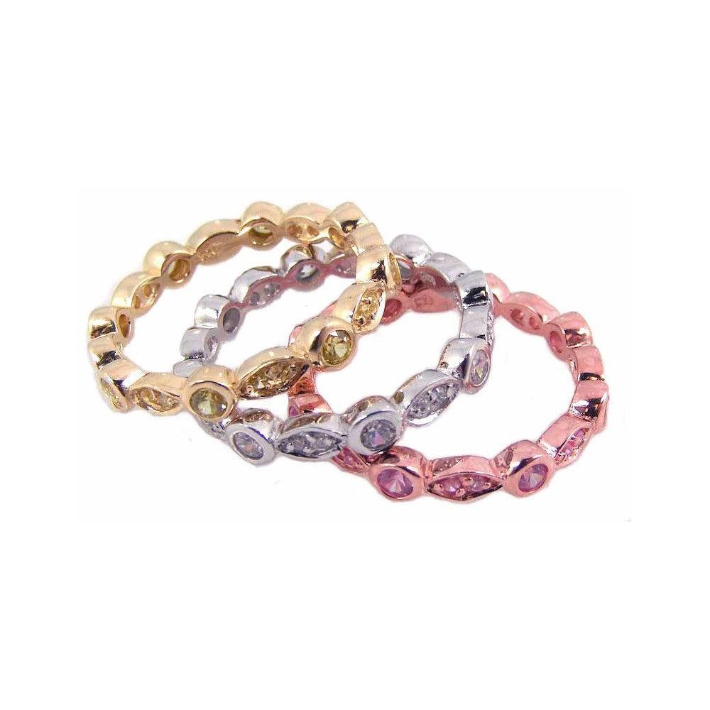 Silver 925 Rhodium, Gold, and Rose Gold Plated Multi Color CZ Stackable Ring - STR00454 | Silver Palace Inc.
