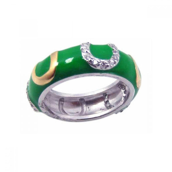 Closeout-Silver 925 Rhodium Plated Green Enamel CZ Horse Shoe Ring - STR00455 | Silver Palace Inc.