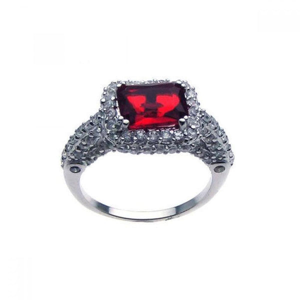 Silver 925 Rhodium Plated Red Center Pave Set Clear CZ Ring - STR00475 | Silver Palace Inc.