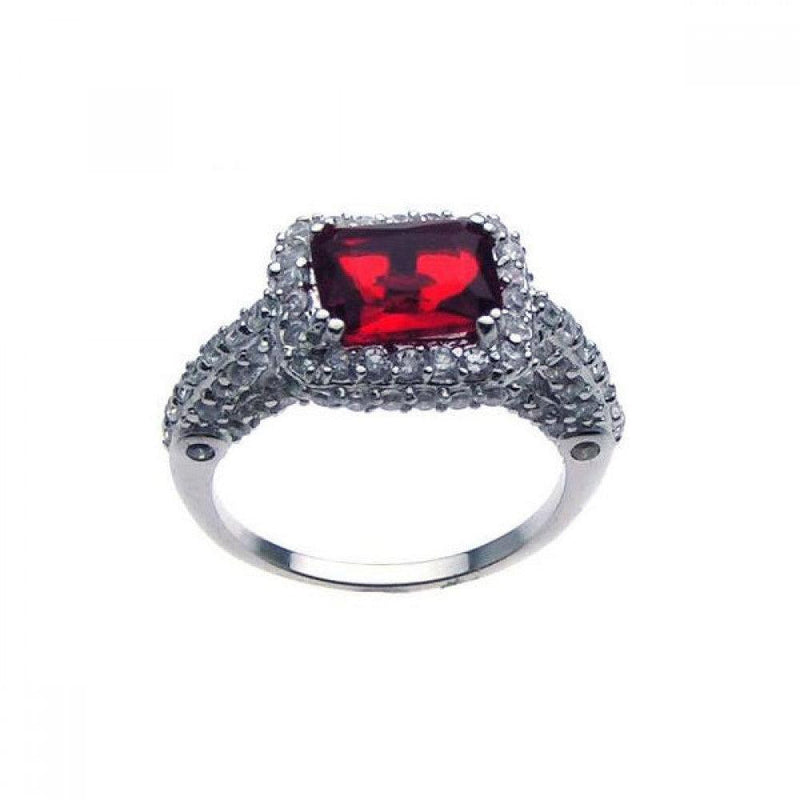 Silver 925 Rhodium Plated Red Center Pave Set Clear CZ Ring - STR00475 | Silver Palace Inc.