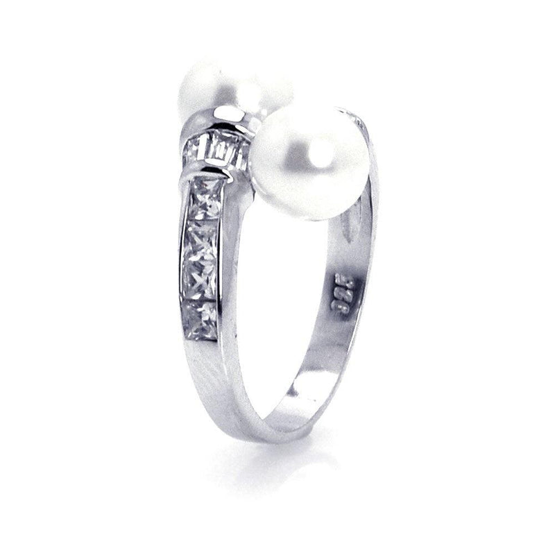 Silver 925 Rhodium Plated CZ Double Pearl Ring - STR00505 | Silver Palace Inc.