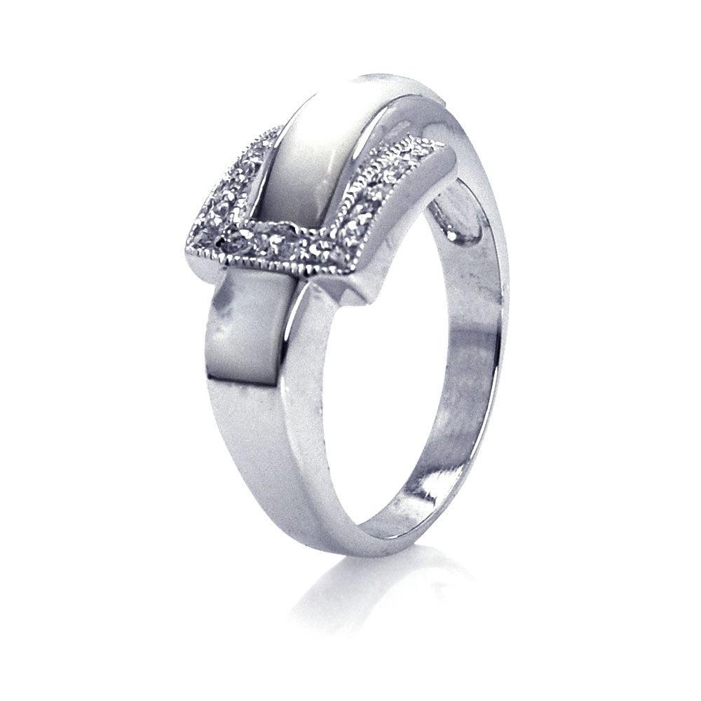 Silver 925 Rhodium Plated CZ Pearl Belt Buckle Ring - STR00506 | Silver Palace Inc.