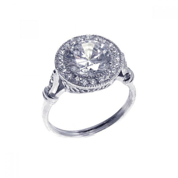 Closeout-Silver 925 Rhodium Plated Round Center and Cluster CZ Ring - STR00524 | Silver Palace Inc.