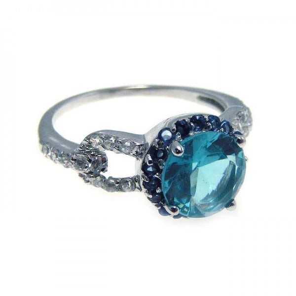 Silver 925 Rhodium Plated Blue Center Cluster and Clear CZ Ring - STR00532 | Silver Palace Inc.