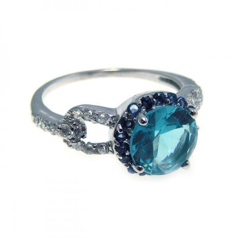 Silver 925 Rhodium Plated Blue Center Cluster and Clear CZ Ring - STR00532 | Silver Palace Inc.