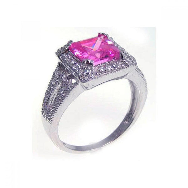 Silver 925 Rhodium Plated Princess Cut Pink and Clear Cluster CZ Ring - STR00534 | Silver Palace Inc.