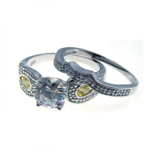 Silver 925 Rhodium Plated Yellow and Clear CZ Antique Ring Pair - STR00535 | Silver Palace Inc.