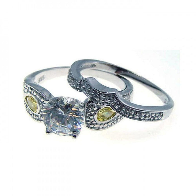 Silver 925 Rhodium Plated Yellow and Clear CZ Antique Ring Pair - STR00535 | Silver Palace Inc.