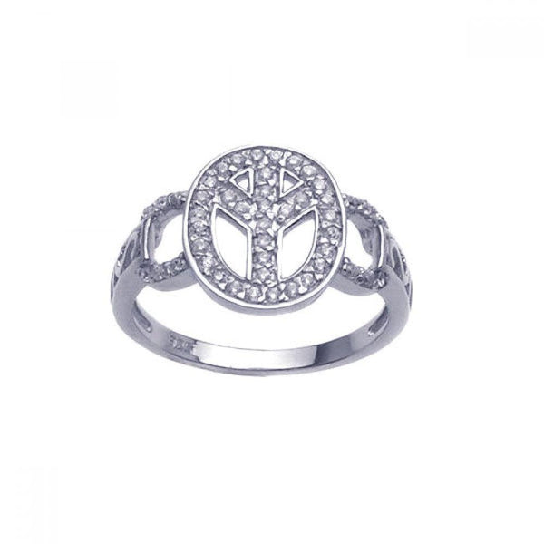 Silver 925 Rhodium Plated CZ Wide Peace Sign Ring - STR00592 | Silver Palace Inc.