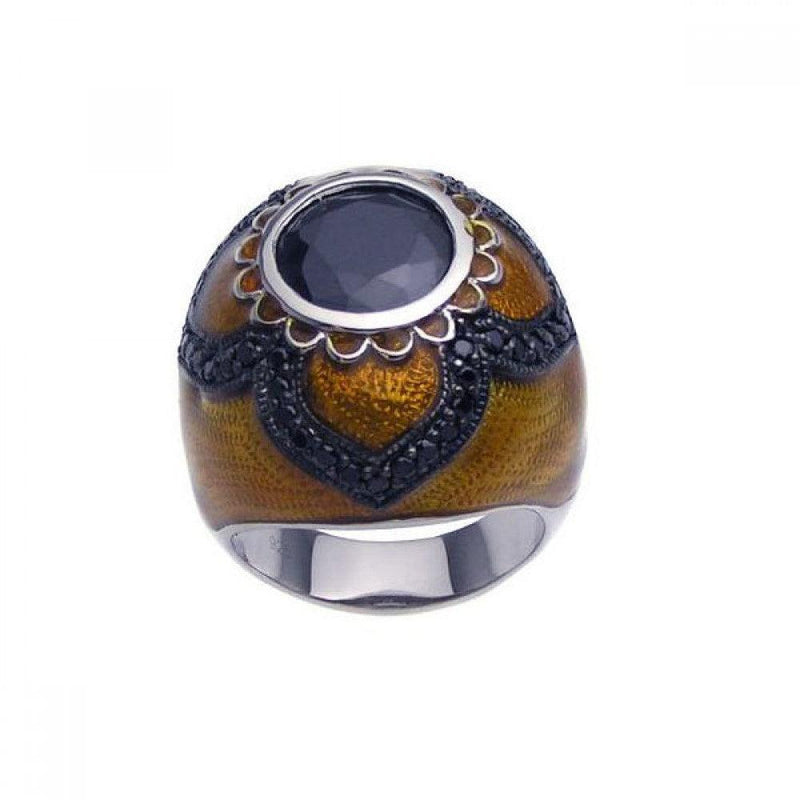 Closeout-Silver 925 Rhodium and Black Rhodium Plated Brown Enamel Black CZ Dome Ring - STR00622 | Silver Palace Inc.
