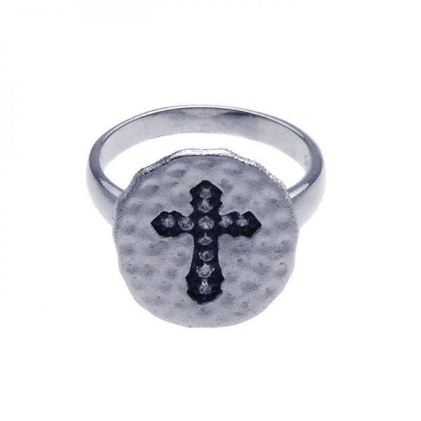 Closeout-Silver 925 Rhodium and Black Rhodium Plated CZ Cross Hammered Ring - STR00625 | Silver Palace Inc.
